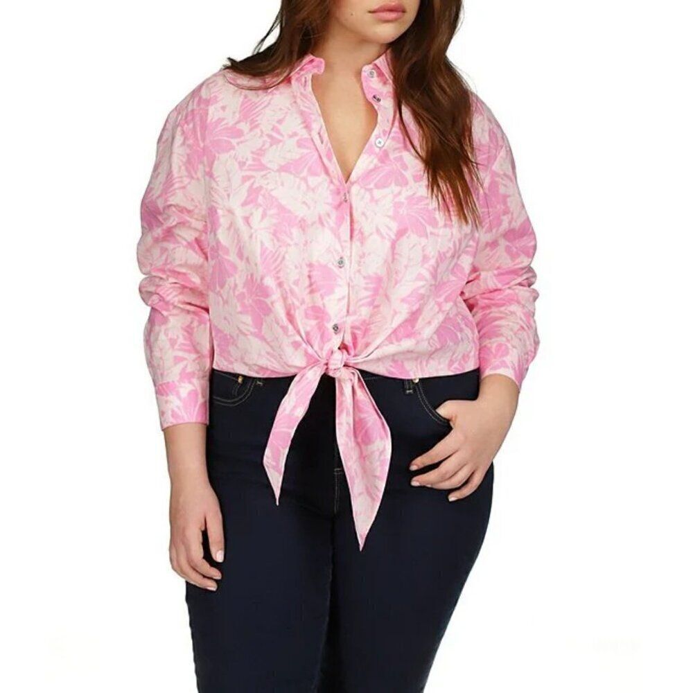 NWT MICHAEL Michael Kors Woven Palm Printed Tie Front Blouse in Bouquet Size: 3X
